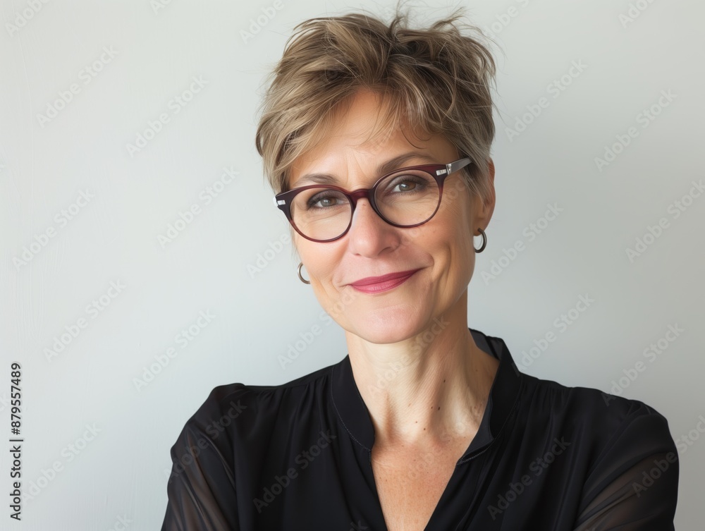 Smiling Middle-Aged Woman with Short Hair and Red Glasses in Elegant Minimalist Portrait
Smiling Middle-Aged Woman with Short Hair and Red Glasses in Elegant Minimalist Portrait