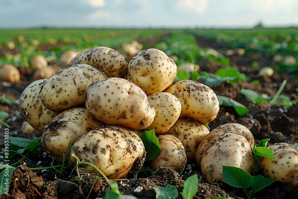 Close-up of freshly harvested potatoes piled up in a field, ready for market. Perfect for themes of agriculture, farming, and fresh produce. Close-up of freshly harvested potatoes piled up in a field, ready for market. Perfect for themes of agriculture, farming, and fresh produce.