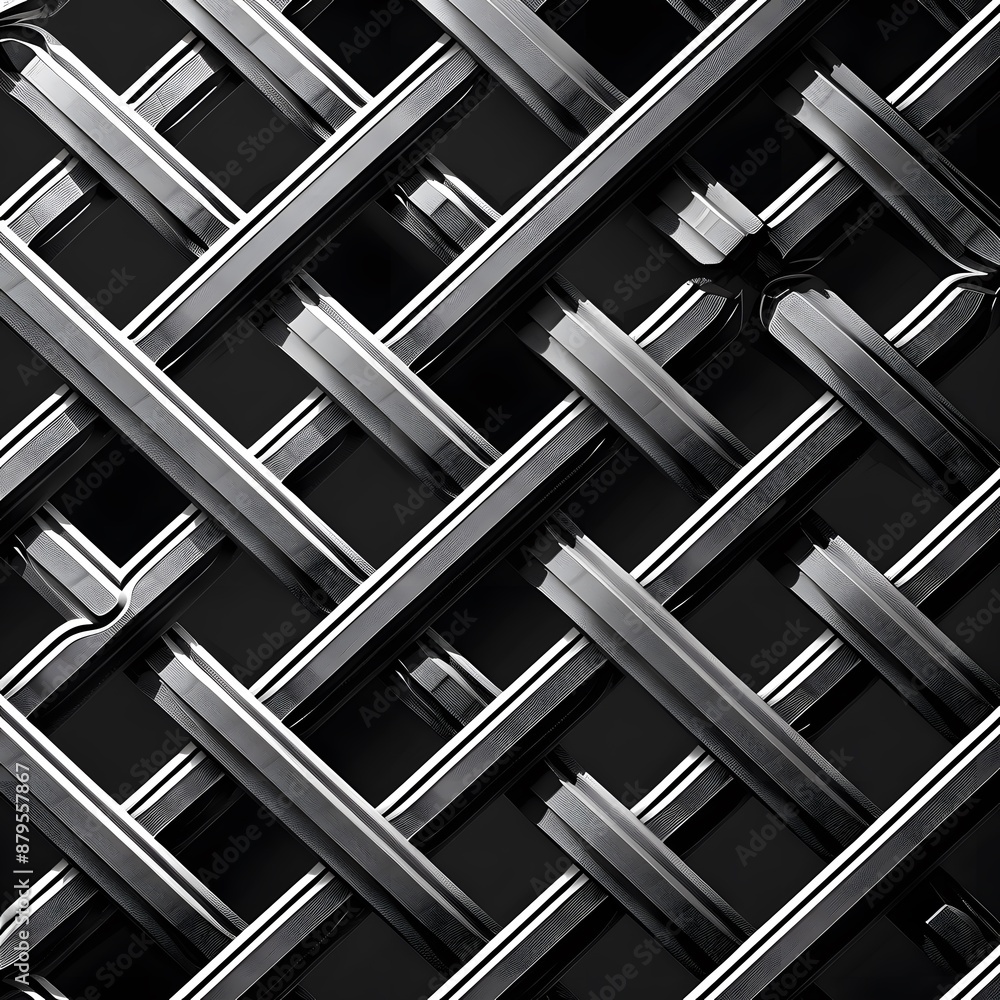 Abstract pattern of interwoven metal bars, creating a geometric design. The metallic texture and the play of light and shadow add depth to the image. Abstract pattern of interwoven metal bars, creating a geometric design. The metallic texture and the play of light and shadow add depth to the image.