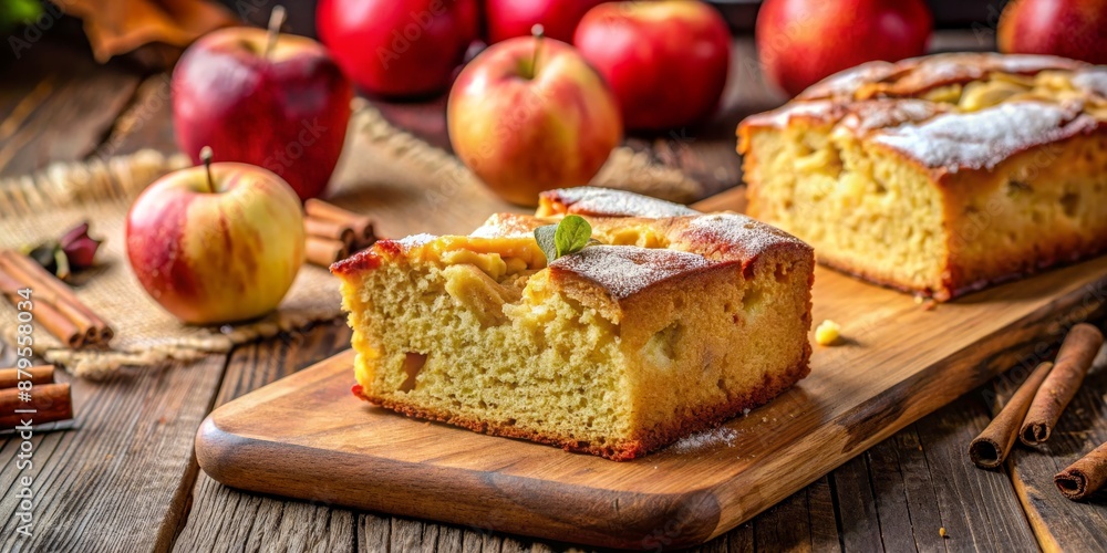 Apple Cinnamon Cake with Powdered Sugar on a Wooden Board, Baking, Sweet, Dessert, Apple Cake Apple Cinnamon Cake with Powdered Sugar on a Wooden Board, Baking, Sweet, Dessert, Apple Cake