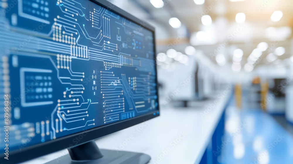 Advanced industrial machinery interfaced with big data analytics on sleek monitors Advanced industrial machinery interfaced with big data analytics on sleek monitors