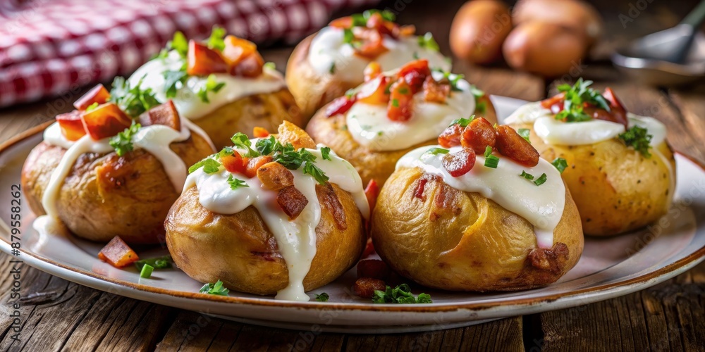 Baked Potato Topped with Sour Cream, Bacon, and Peppers, close-up , food , potatoes , baked potatoes , recipe Baked Potato Topped with Sour Cream, Bacon, and Peppers, close-up , food , potatoes , baked potatoes , recipe