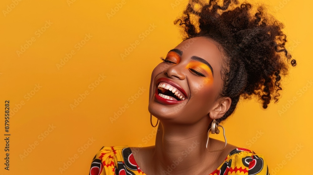 Vibrant Portrait of a Young Laughing African American Woman with Warm Toned Makeup Vibrant Portrait of a Young Laughing African American Woman with Warm Toned Makeup