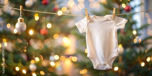 Baby Onesie Hanging on a String of Lights, Christmas Tree, Close-up, White Onesie, Golden Lights,  Christmas, New Year, Baby, Holiday photo