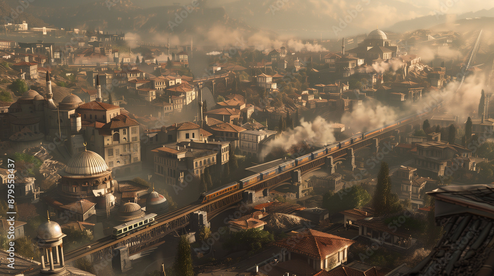 Fototapeta premium A scenic aerial view of a historic city with a steam train crossing a bridge amidst classic architecture and rising steam