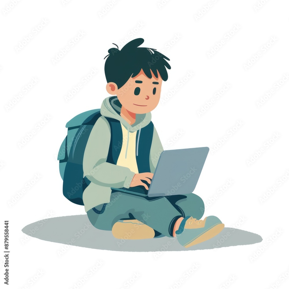 a boy with a laptop flat design illustration cartoon a boy with a laptop flat design illustration cartoon