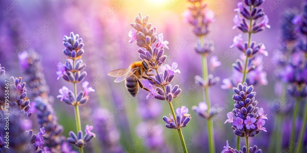 Fototapeta premium Bee Gathering Nectar on a Lavender Flower, Close Up, Macro, Sunlight, Lavender Field, Bee, Flower, Nature, Purple, Insect, Pollination, Pollinator, Lavender, Purple Flowers, Summer
