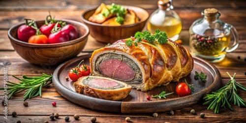 Wallpaper Mural Beef Wellington with Puff Pastry and Vegetables on Wooden Table, Beef Wellington, Puff Pastry, Roast Beef, Gourmet Torontodigital.ca