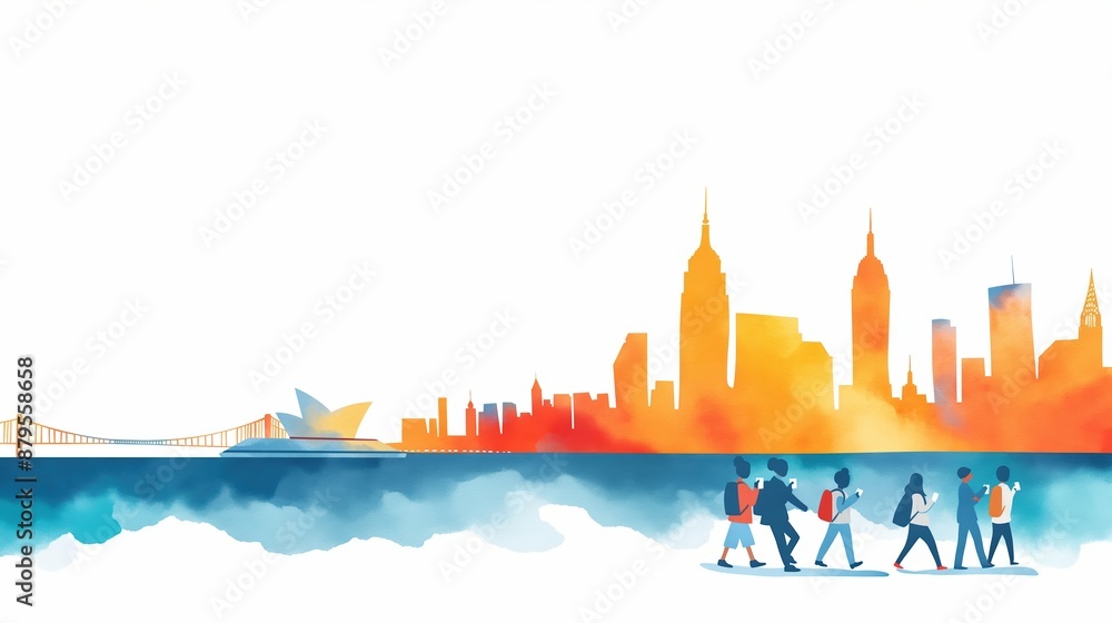 Obraz premium Travel safety, tourists with sanitizer, landmarks in background, Watercolor style