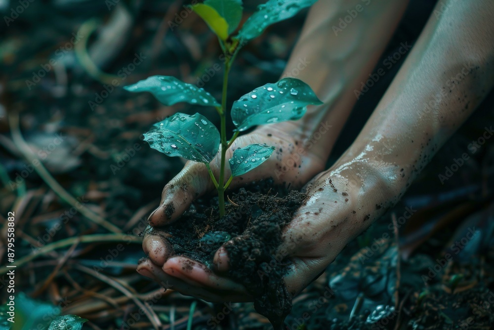 Farmer is holding fertile soil with a young plant sprout growing Farmer is holding fertile soil with a young plant sprout growing