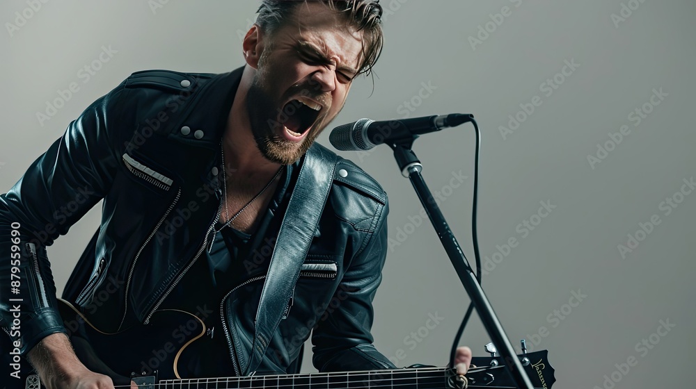 Fototapeta premium Impassioned Rock Singer Performing with Electric Guitar and Vocal Microphone Against Moody Gray Background