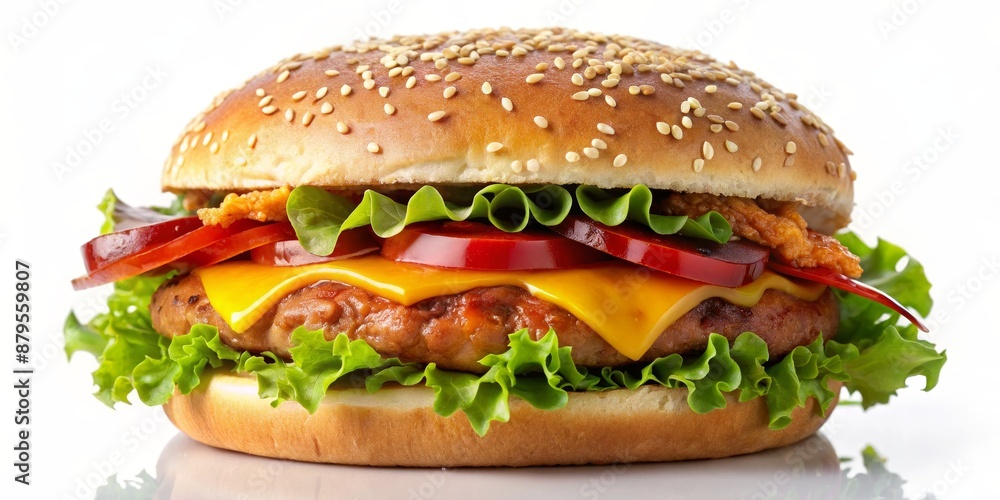 Close-up of a Delicious Cheeseburger with Sesame Seed Bun, Isolated on White, Food Photography, Burger, Cheeseburger, Fast Food, Appetizing Close-up of a Delicious Cheeseburger with Sesame Seed Bun, Isolated on White, Food Photography, Burger, Cheeseburger, Fast Food, Appetizing
