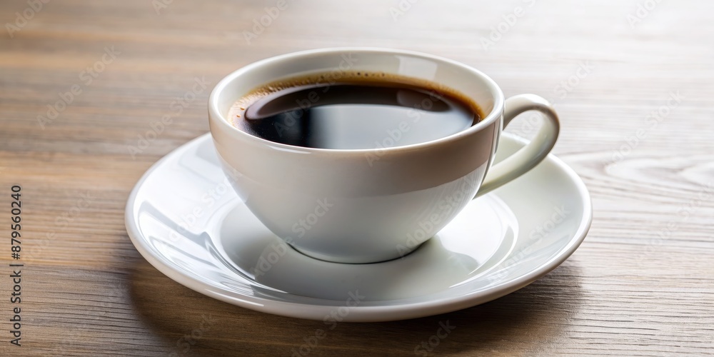 Close-Up of a Freshly Brewed Black Coffee in a White Cup on Saucer Against Wooden Table - Minimalist Coffee Concept Close-Up of a Freshly Brewed Black Coffee in a White Cup on Saucer Against Wooden Table - Minimalist Coffee Concept