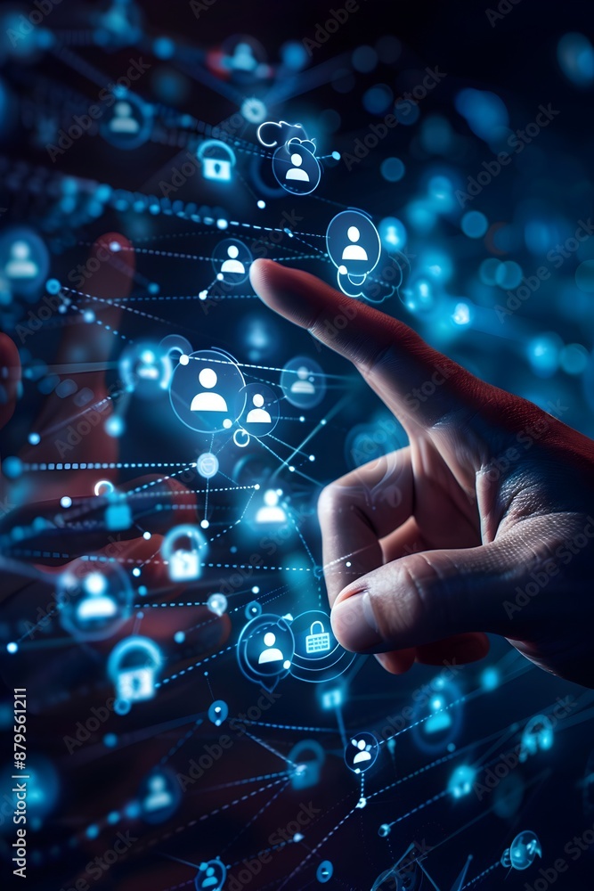 A hand is pointing at social media icons floating in the air, showing people icons and a group of person icons on a dark background A hand is pointing at social media icons floating in the air, showing people icons and a group of person icons on a dark background