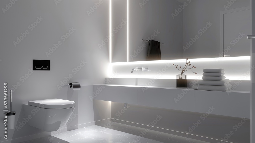 A minimalist bathroom with a hidden cistern toilet, a frameless mirror, and a single strip of LED lighting for a clean look A minimalist bathroom with a hidden cistern toilet, a frameless mirror, and a single strip of LED lighting for a clean look
