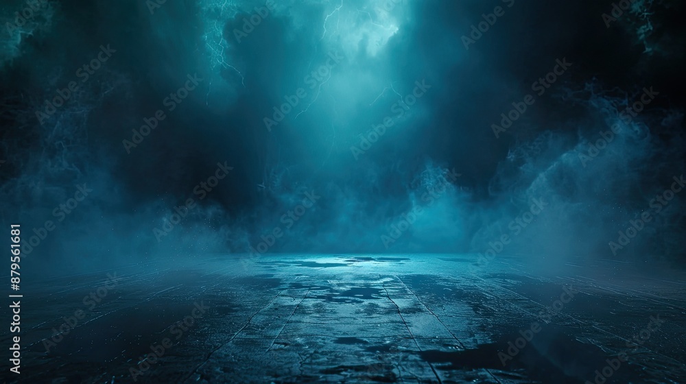 Abstract studio environment with dark blue street, thunderstorm, and smoky asphalt floor Abstract studio environment with dark blue street, thunderstorm, and smoky asphalt floor