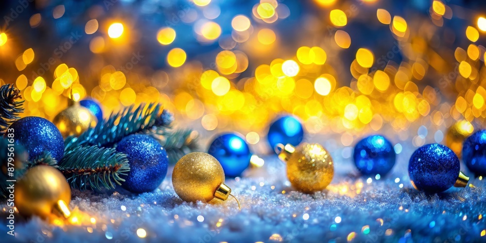 Festive Christmas Baubles in Blue and Gold with Bokeh Lights, Christmas Ornament, Christmas Decoration, Holiday Decorations, Christmas Background Festive Christmas Baubles in Blue and Gold with Bokeh Lights, Christmas Ornament, Christmas Decoration, Holiday Decorations, Christmas Background