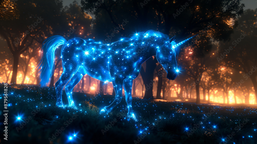 Fototapeta premium Electric blue glowing unicorn in the night