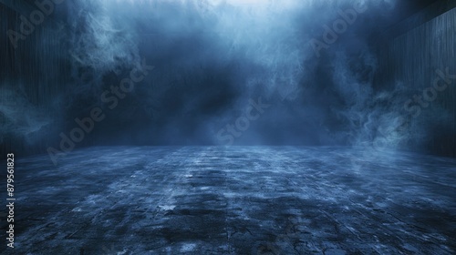 Abstract studio room with smoky asphalt floor, thunderstorm, and dark blue empty street
