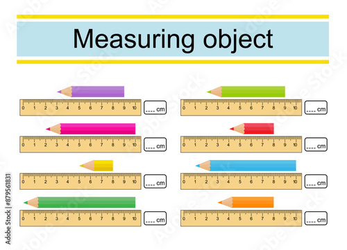 Worksheet for preschool kids. Measuring the length of pencils with a ruler.	
