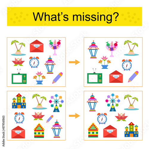 Puzzle game for kids. Task for the development of attention and logic. Find the missing objects.