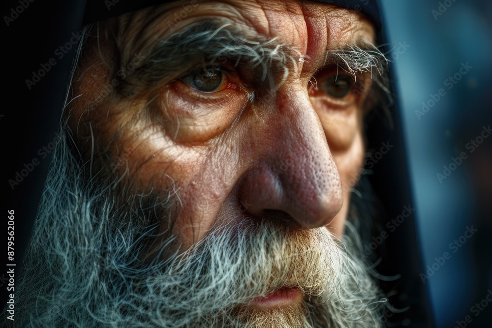 Close up of an orthodox priest with a long white beard wearing a black robe Close up of an orthodox priest with a long white beard wearing a black robe