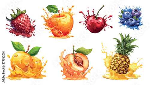 Fresh fruits with splashes. Strawberry apple cherry blueberry mango peach ananas juice. Sweet juicy organic food. 3d realistic isolated vector clipart set