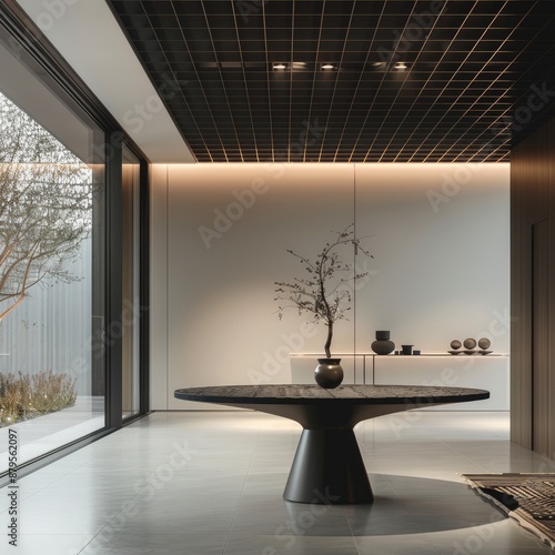 A minimalist dining area with an architectural ceiling grid and an ultramodern pedestal table