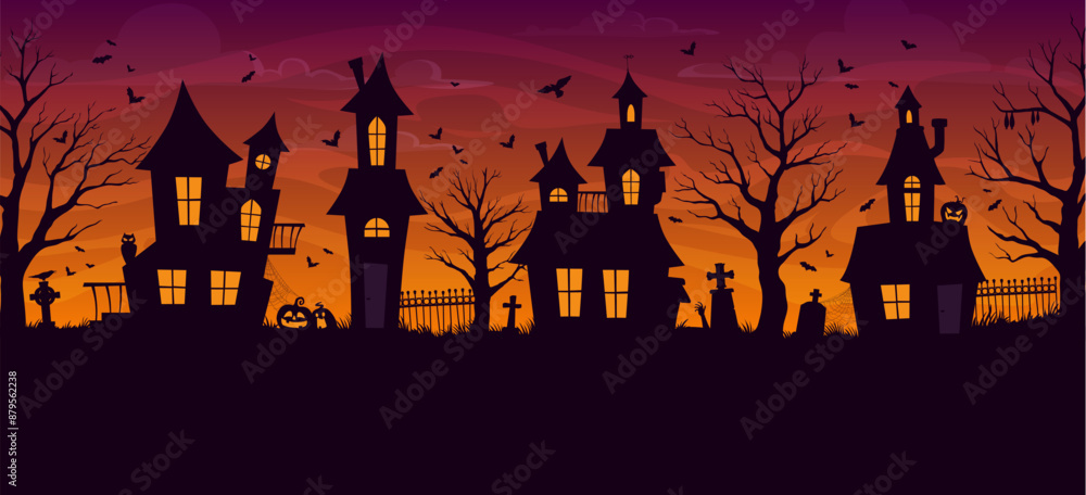 Halloween town silhouette with abandoned scary houses on cemetery, vector background. Halloween holiday banner with haunted houses, scary pumpkin lanterns in horror night and tombstones on graveyard Halloween town silhouette with abandoned scary houses on cemetery, vector background. Halloween holiday banner with haunted houses, scary pumpkin lanterns in horror night and tombstones on graveyard