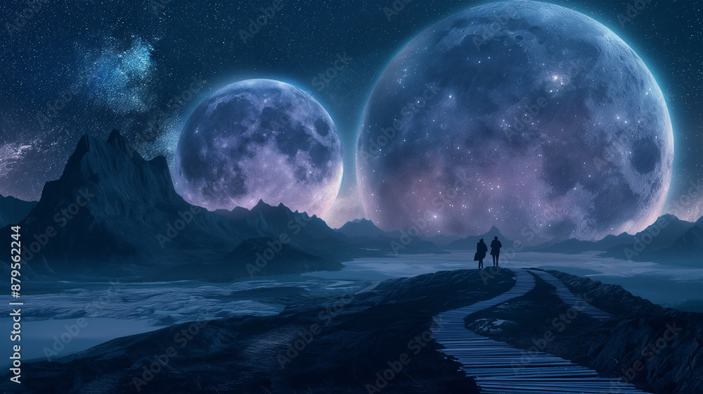 The large moons in a starry night sky, game background, video game, slot game background, Illustration The large moons in a starry night sky, game background, video game, slot game background, Illustration