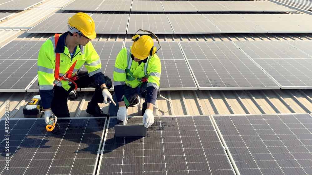 custom made wallpaper toronto digitalElectrical engineers team inspect solar panel on the building rooftop.