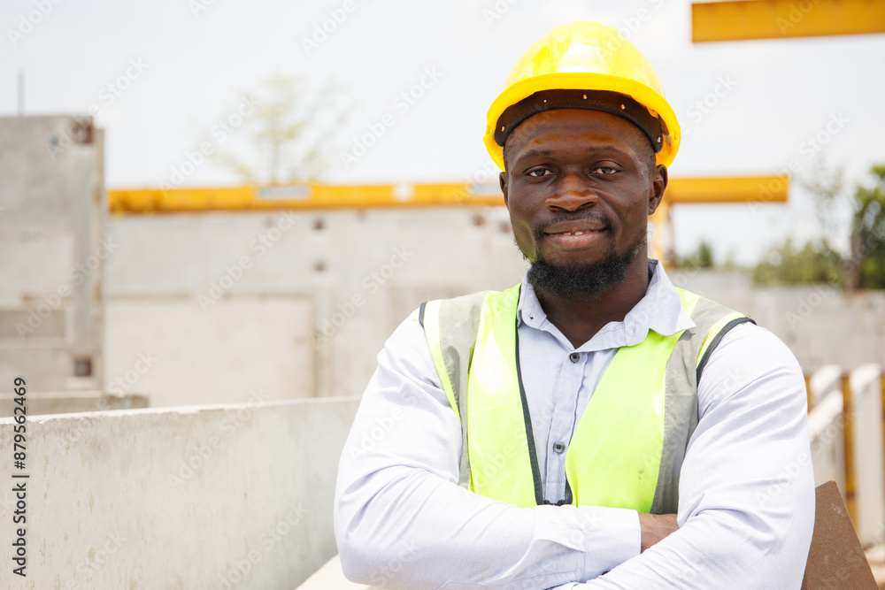 African black male worker crossed arms and looking at camera at construction site. African black male worker crossed arms and looking at camera at construction site.