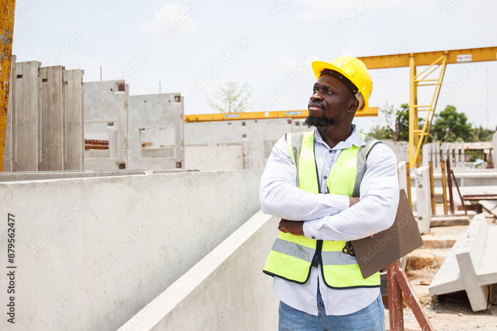 African black male worker crossed arms and looking at camera at construction site. African black male worker crossed arms and looking at camera at construction site.