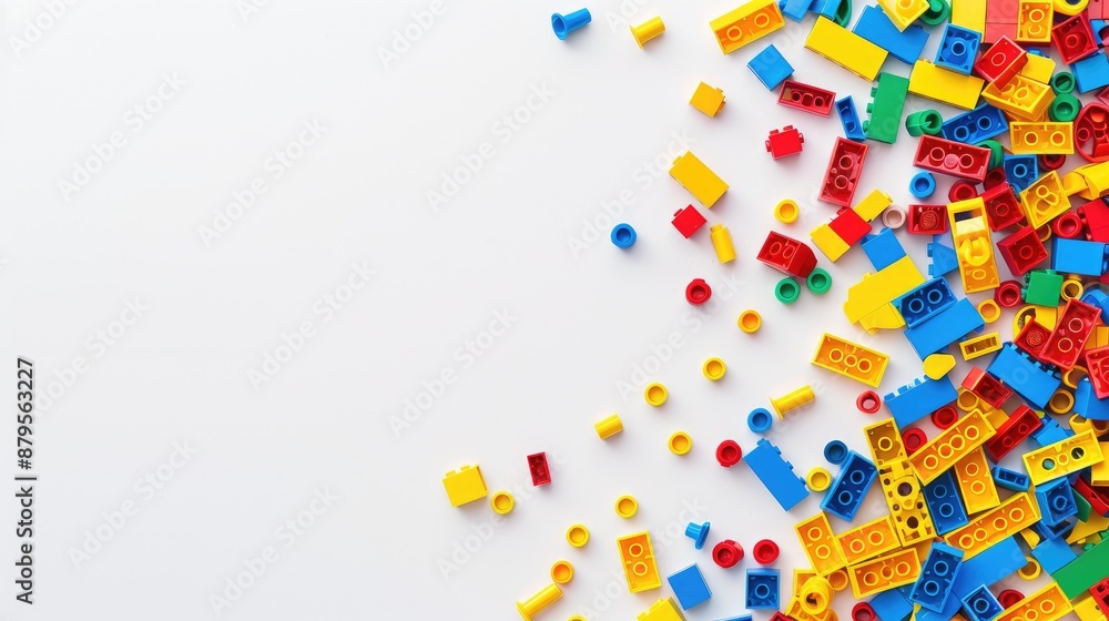 Colorful pieces scattered on a white background, creating a playful scene with space for text. Colorful pieces scattered on a white background, creating a playful scene with space for text.
