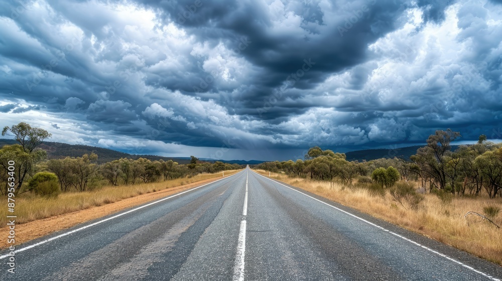 Endless straight road of Matilda Highway under a cloudy sky in Queensland Endless straight road of Matilda Highway under a cloudy sky in Queensland