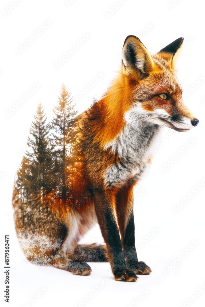 Fototapeta premium Majestic Double Exposure Fox Blended with Forest Landscape
