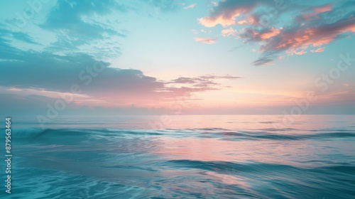 A serene coastal landscape at dawn, soft pastel colors in the sky and calm waters