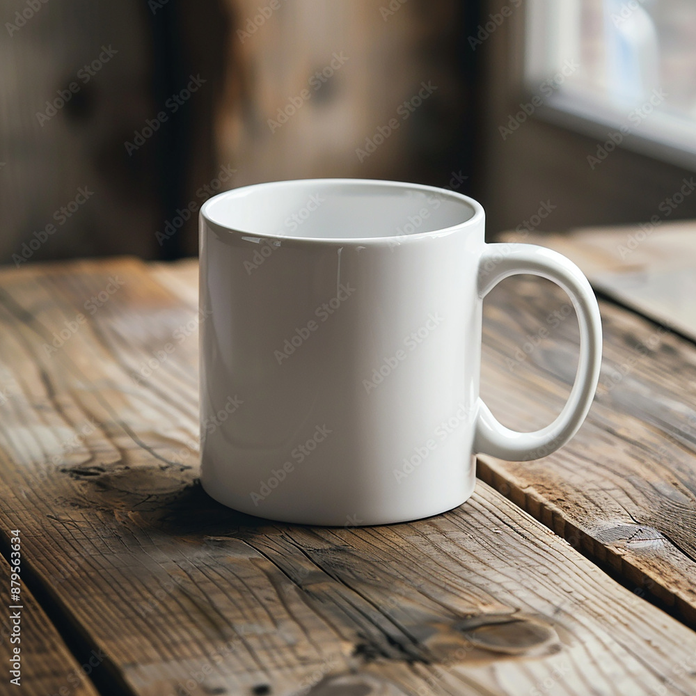 Mockup of white mug on wooden table generated.AI Mockup of white mug on wooden table generated.AI