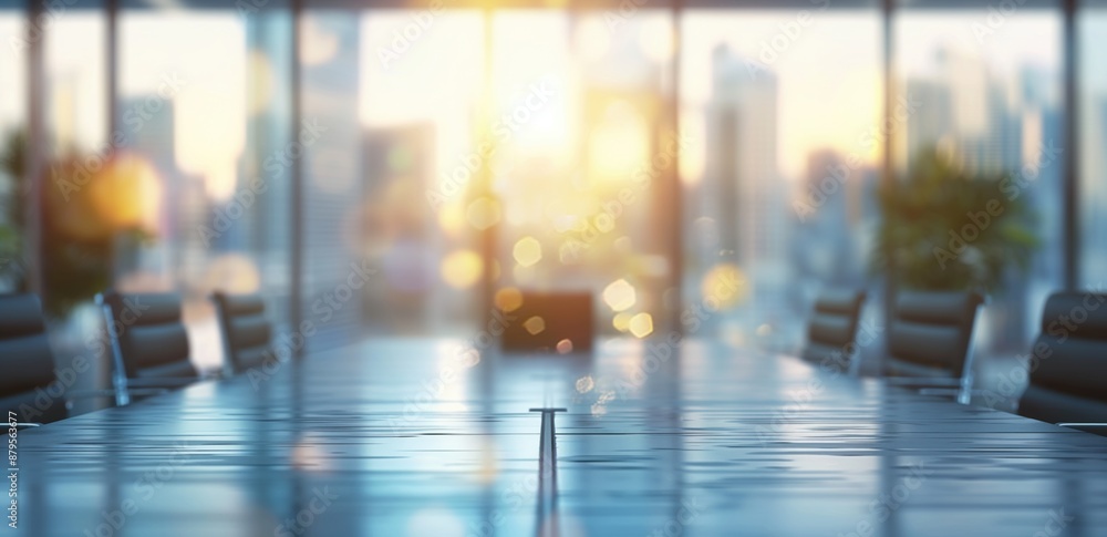 Modern Office Conference Room with City View and Sunlight Reflection on Table at Sunrise Modern Office Conference Room with City View and Sunlight Reflection on Table at Sunrise