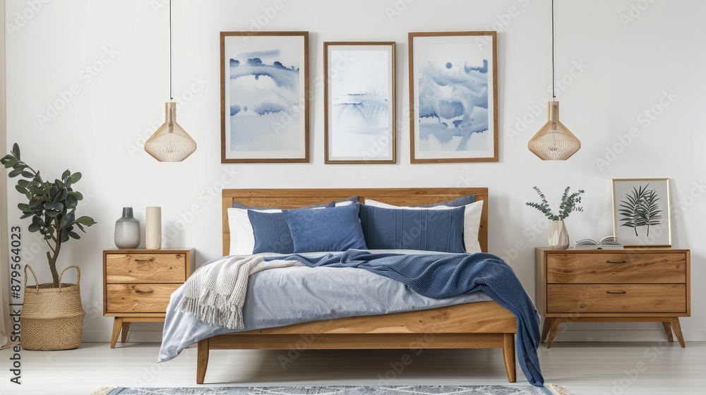 Fototapeta premium Cozy bedroom featuring a wooden bed with blue pillows, two bedside cabinets, and three framed artworks on a white backdrop.