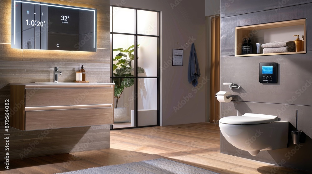 A modern bathroom with a smart mirror that displays the time and weather, a wall-hung toilet, and a floating vanity A modern bathroom with a smart mirror that displays the time and weather, a wall-hung toilet, and a floating vanity