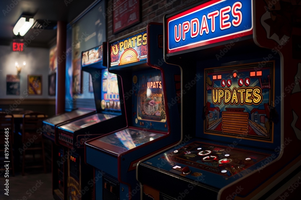 Arcade cabinets in a dimly lit room showcasing a game called 'UPDATES'. Ideal for retro gaming and arcade themes. Arcade cabinets in a dimly lit room showcasing a game called 'UPDATES'. Ideal for retro gaming and arcade themes.
