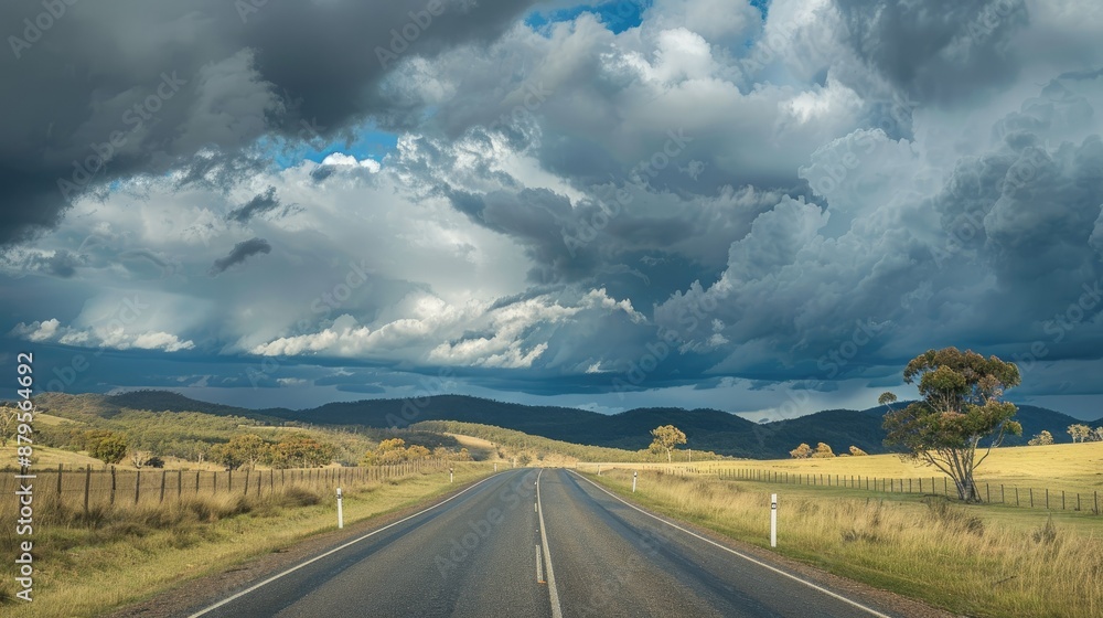Scenic view of Matilda Highway cutting through the vast Queensland landscape under a cloudy sky Scenic view of Matilda Highway cutting through the vast Queensland landscape under a cloudy sky
