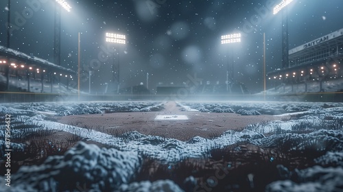 A floodlit baseball field covered in snow during late evening snowfall, creating a mesmerizing and serene winter sport atmosphere, perfect for an evening game venue.