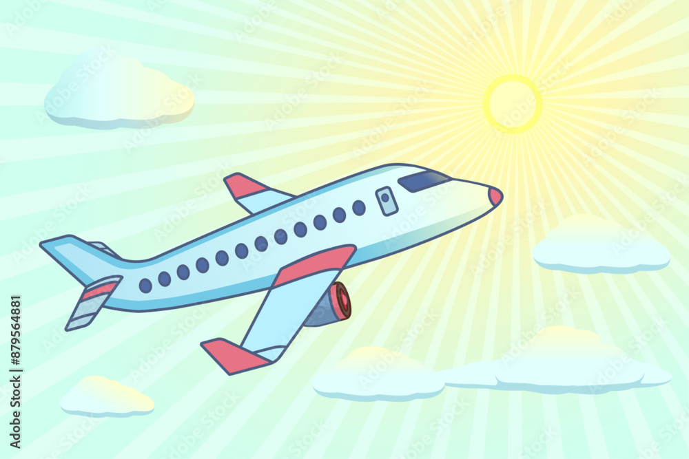Naklejka premium Airplane blue color with pink tips. Plane in cartoon design. Passenger plane flying in the sky with clouds. Travel concept. Toy plane graphic. Flat style vector illustration. Sunny weather