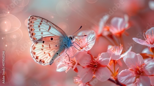 Delicate butterfly perched on blossoming pink flowers with soft sunlight, capturing the beauty of spring nature in a vibrant scene. © Vilaysack