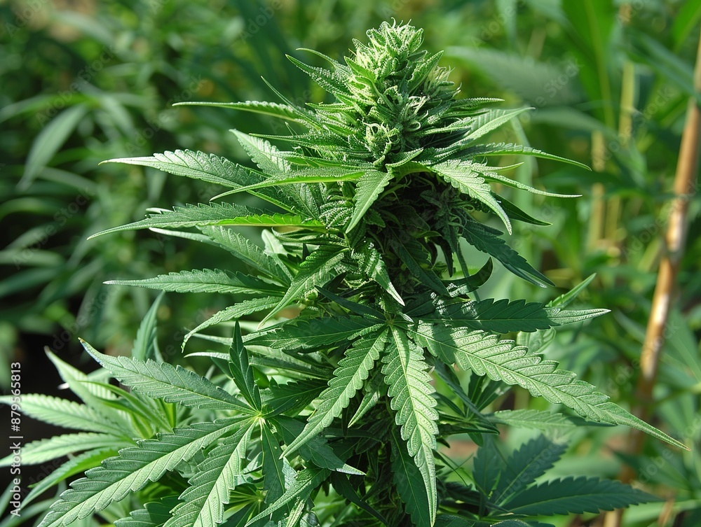 A close up of a green cannabis plant in bloom A close up of a green cannabis plant in bloom