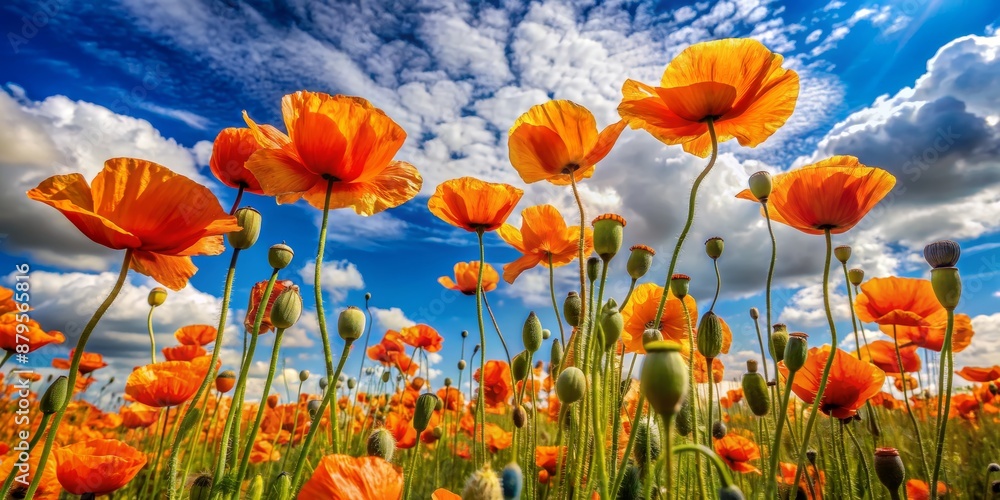 Obraz premium Poppy Field Wonder Low Angle View of Vibrant Orange Blooms Against a Cloudy Sky, poppy, flowers, field, summer, ,