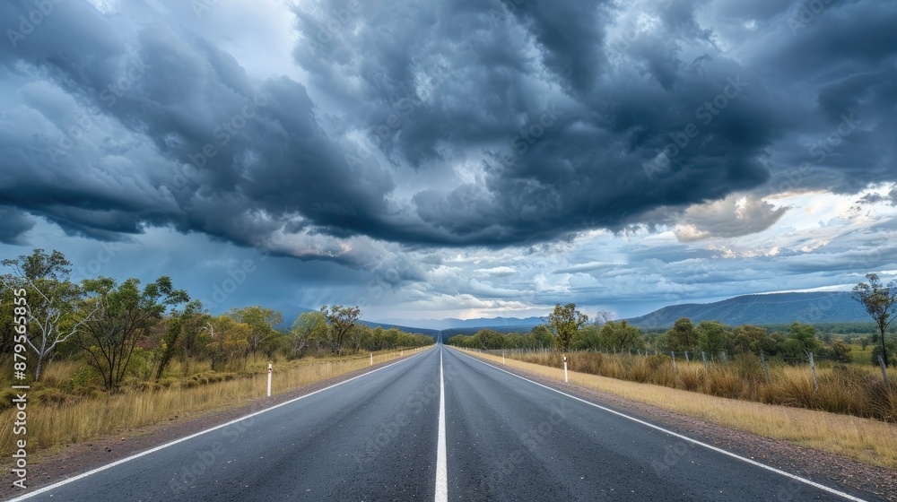 Naklejka premium The straight path of Matilda Highway under thick clouds in Queensland