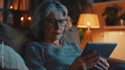 An older woman, comfortably sitting on a couch in a warmly lit room, is deeply engaged with a tablet, illustrating a moment of quiet introspection and modern connectivity.